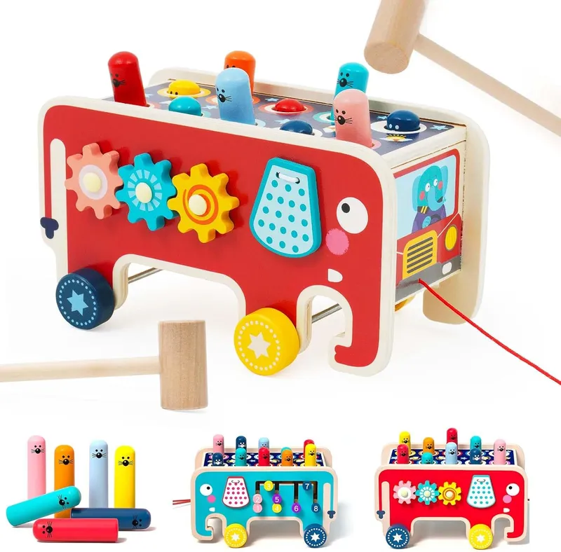 NUKied Montessori Marteau en Bois Jouet,Jouet éducatif en Bois pour Marteler,Frapper et Tirer,Xylophone,Cadeau pour Les Garçons et Filles de 1 2 3 4 Ans.