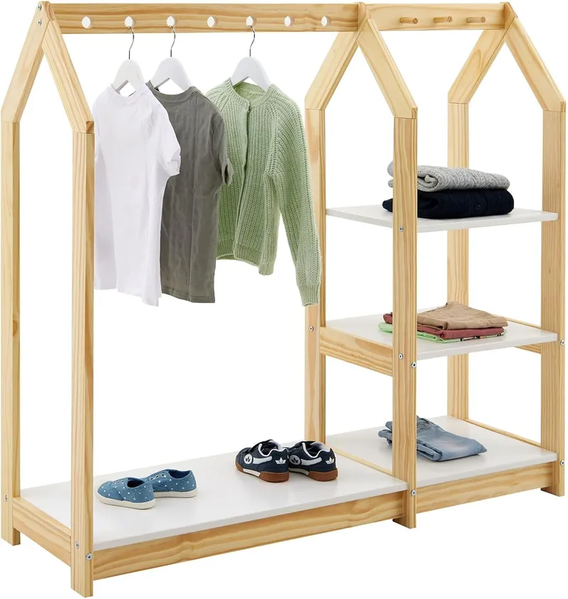IDIMEX Sally - Porte-manteau pour enfant - Naturel/blanc - En forme de maison - En pin - Avec 7 trous pour cintres, 4 étagères de rangement