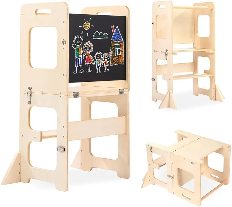 Labebe Tour d'apprentissage pour Enfants, Montessori 3 en 1 Tour d'observation, Pliable Tour d'apprentissage Tabouret avec Tableau Noir, Montessori Learning Tower À Partir de 18 Mois (Bois)
