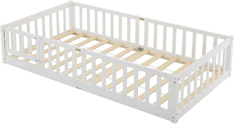Bonnlo Lit Enfant 90x200, Lit Montessori au Sol Enfant en Bois, pour Chambres d'enfants, pour garçon et Fille,Blanc